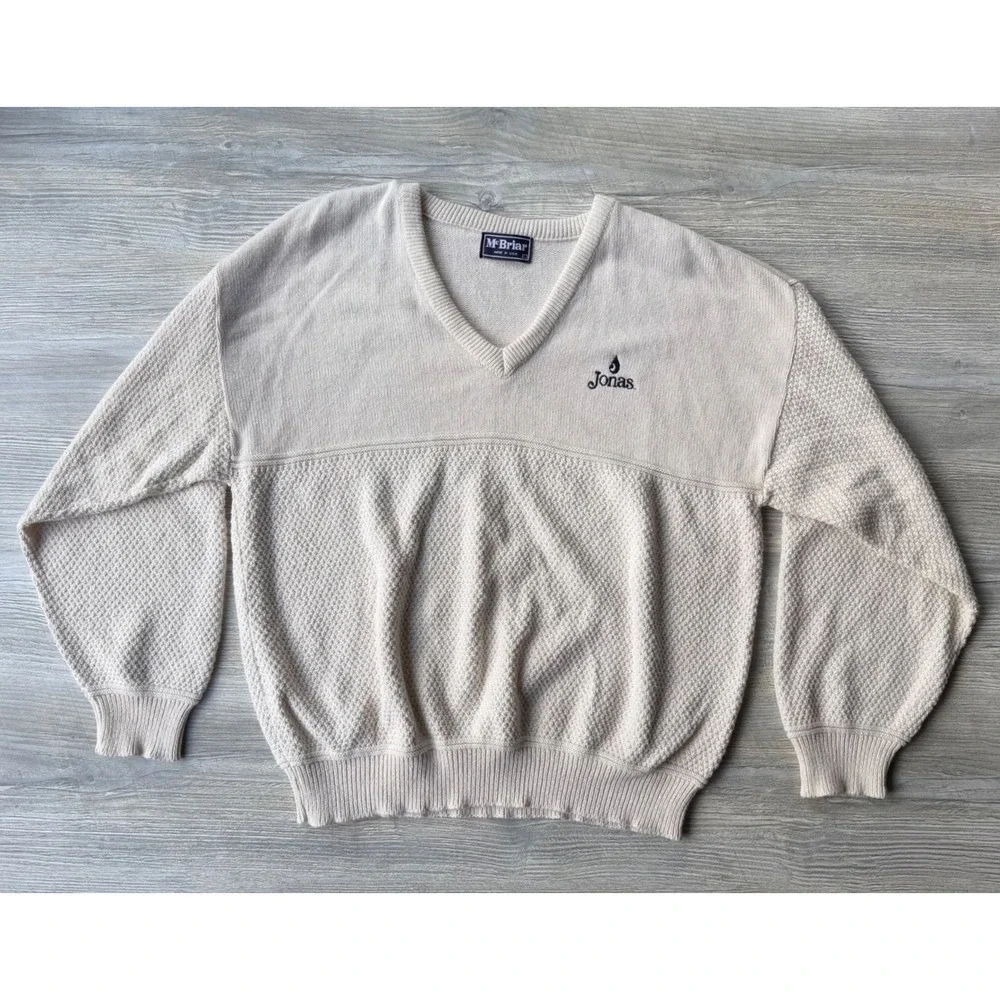 Vintage McBriar Cotton V-Neck Sweater Mens Large Cream Textured Knit USA Made